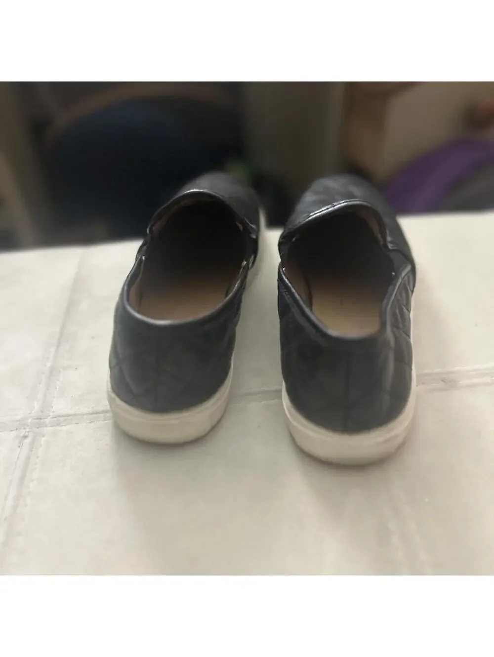 Black quilted leather slip-on sneakers white sole size 7.5  #quilted #leather